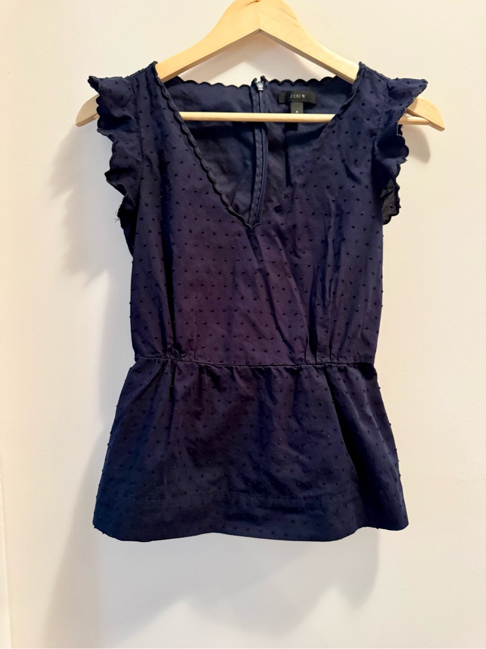 J.Crew Navy Blue Swiss Dot Sleeveless Peplum Scalloped Blouse 100% Cotton Size 0